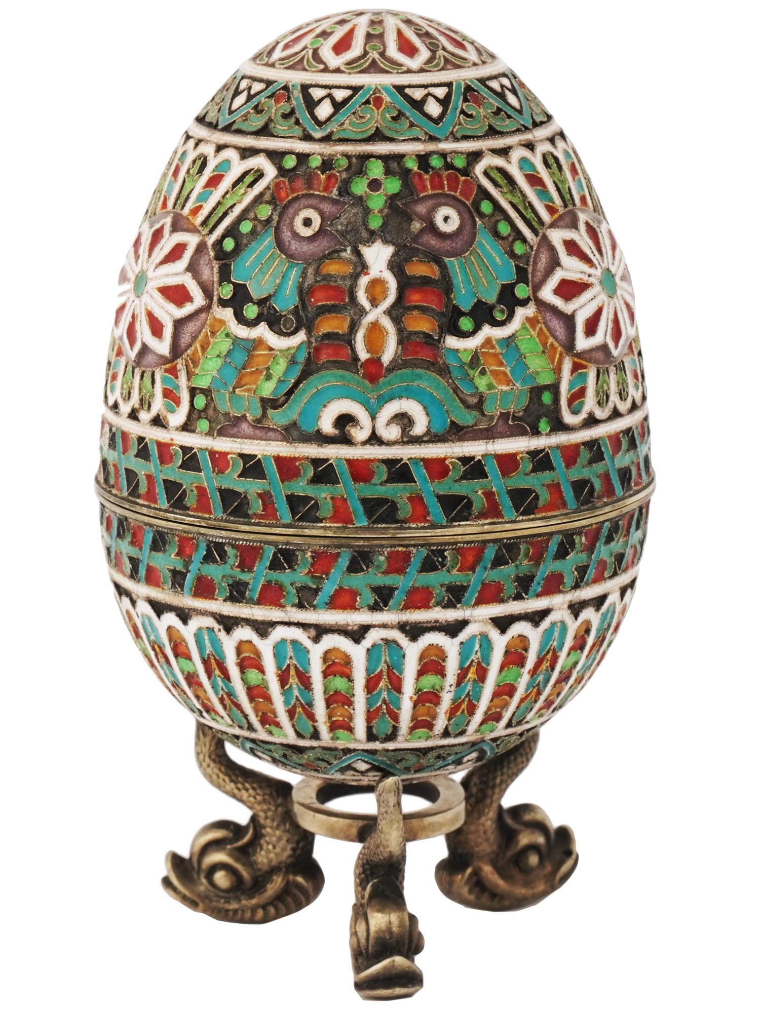 RUSSIAN 84 SILVER ENAMEL EASTER EGG ON A STAND PIC-1